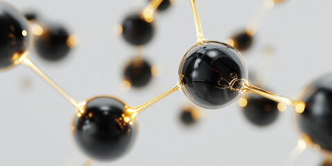 Molecular structure featuring black spheres and golden connectors suitable for science and technology designs. Chemistry, biology, research, science concepts.