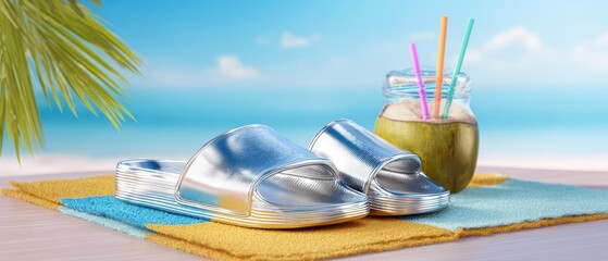 The stylish sandals on a colorful mat beside a refreshing tropical drink.