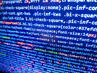 Programmer working on computer screen. Code is created by myself. Script on computer. React HTML, native concept on L. Creative Js HTML5 closeup set on background
