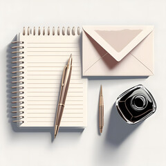 Elevate your brand with this elegant stationery flatlay featuring a notebook, pen, ink, and envelope