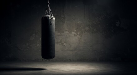 Punching Bag Hanging in Dark Gym Interior with Concrete Wall