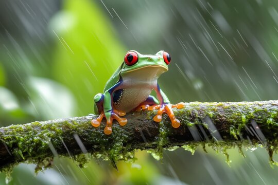 Colorful red-eyed tree frog perched on a mossy branch in the rain with blurred green jungle background. Concept of wildlife, rainforest, and exotic tropical nature.