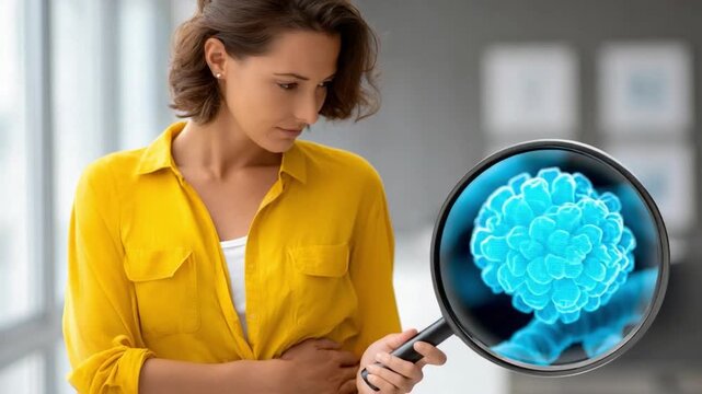 Microscopic Insights: A curious woman examines a microscopic image. Focused woman peering at microscopic image. A woman with magnifying glass observes the intricacies of an unseen world.