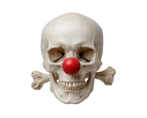 Skull red nose bone clown smiling spooky Halloween humor isolated transparency background. human skull with big red clown nose and crossed bones behind creating playful yet eerie mood