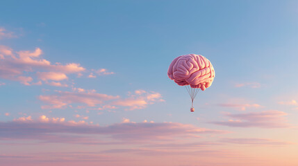 Obraz premium Brain shaped balloon in pink and blue clouds, perfect for mental health, creativity, innovation concepts in designs, social media posts, and presentations.