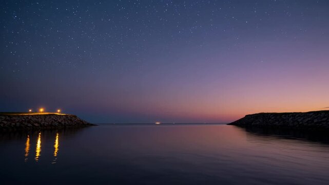 Tranquil View of Odense Harbour at Twilight with Reflections in Calm Waters Under a Starry Sky, Capturing Evening Serenity