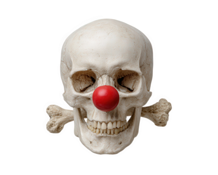 Skull red nose bone clown smiling spooky Halloween humor isolated transparency background. human skull with big red clown nose and crossed bones behind creating playful yet eerie mood