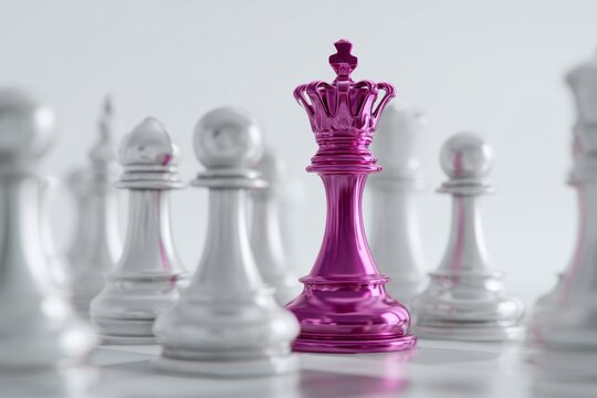 Shiny metallic pink queen chess piece standing out among silver chess pieces on a board. Concept of leadership, strategy, and standing out from the crowd.