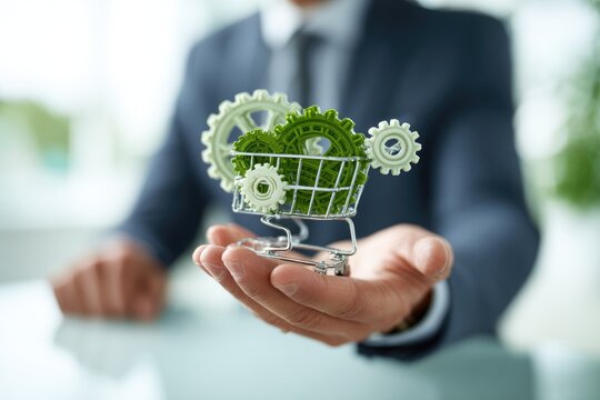 Man's hand presents a miniature shopping cart filled with green gears, symbolizing efficient business processes