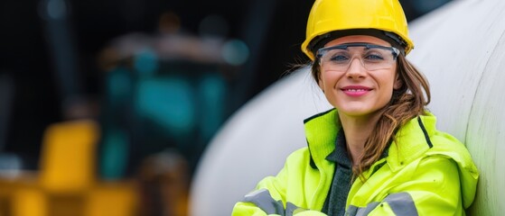 The confident woman in safety gear smiles at the construction site.