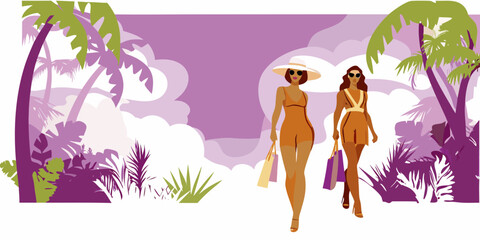 Fashionable women with shopping bags in a stylized tropical landscape