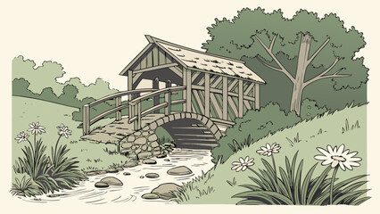 Illustration of a covered wooden bridge over a stream with flowers and trees in a peaceful landscape