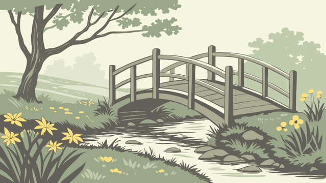 A scenic view of a wooden bridge over a stream with flowers and a tree in a peaceful landscape art