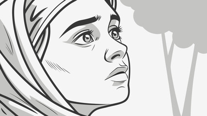 Illustration of a woman wearing a hijab looking upwards with a concerned expression on her face outside