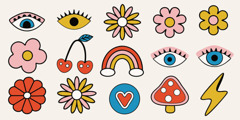 Groovy 70s inspired icons and symbols collection retro