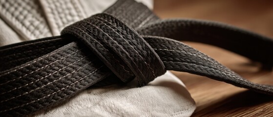 The traditional black belt on a martial arts uniform with intricate details.