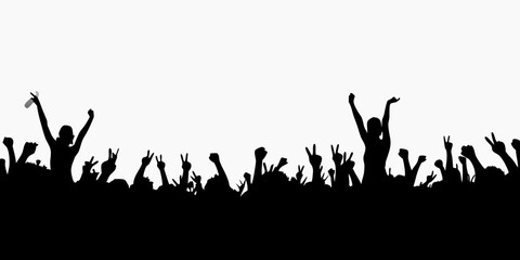 Silhouette of excited crowd with raised hands and peace signs