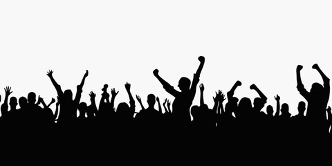Silhouette of cheering crowd with raised hands at a concert