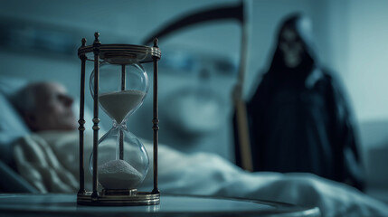 An old hourglass on a table in a room at hospital with a grim reaper holding a scythe standing beside an elderly man laying on hospital bed behind at hospital