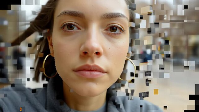 Woman's face transitions through a pixelated visual effect, showcasing the gradual transformation of her expression and surroundings in a dynamic motion sequence