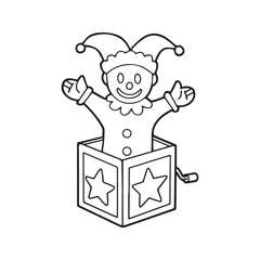 Jack-in-the-box classic toy line art. Cartoon clown jester popping out of a surprise box. Outline vector illustration for coloring book.
