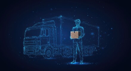 Delivery man holding box in front of cargo truck on dark blue background, symbolizing logistics, shipping, and transportation in abstract low-poly wireframe vector style.
