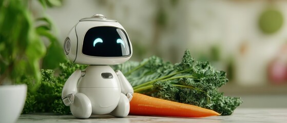 The adorable robot enjoying a fresh vegetable in a modern kitchen setting.