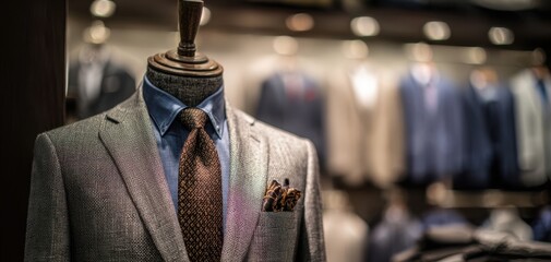 The elegant tailored suit displayed on a sophisticated mannequin in a boutique environment.