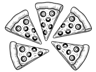 Delicious Pizza Slices with Olives Black and White Illustration Ready to Eat Perfect for Food Blog or Restaurant Menu Design