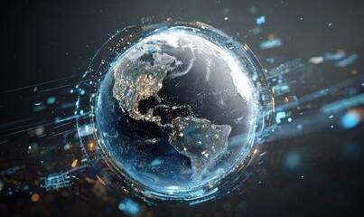 Global network visualization; illuminated Earth encircled by digital data streams