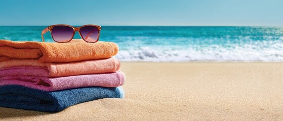 The vibrant beach towels and sunglasses ready for a perfect seaside escape.