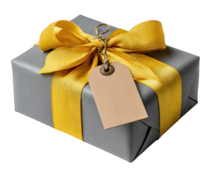 Gray gift box with yellow ribbon bow and blank tag, perfect for celebrations, birthdays, or special occasions, conveying happiness and surprise in festive setting