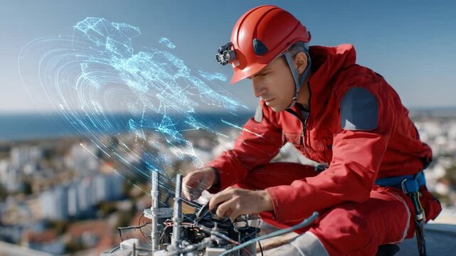 Technician on Rooftop: A focused technician, clad in workwear and a helmet, meticulously works on complex equipment atop a building, with augmented digital elements overlayed.