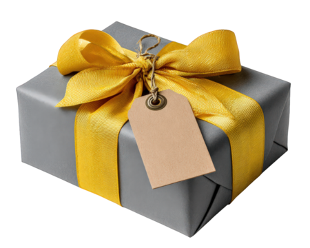 Gray gift box with yellow ribbon bow and blank tag, perfect for celebrations, birthdays, or special occasions, conveying happiness and surprise in festive setting