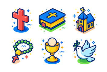 Colorful icons of cross, bible, church, rosary, chalice, and dove symbolizing christianity