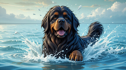 Newfoundland Dog Splashing In Water 2D Cartoon Illustration