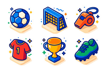 Fototapeta premium Colorful soccer icons featuring ball, goal, whistle, jersey, trophy, and cleat illustrations