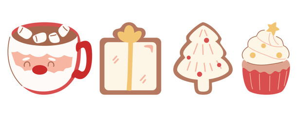 A set of cute vector Christmas elements, including hot cocoa, a cupcake, and gingerbread cookies. Great for holiday baking designs.