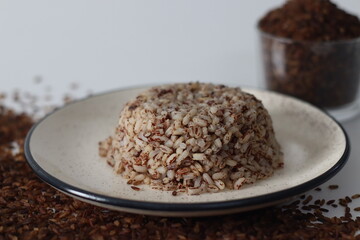 Choru with Niranam rice, dome served Kerala staple. Cooked rice evoking tradition and simplicity
