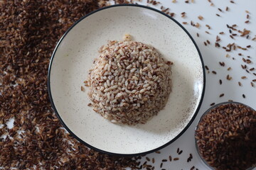 Choru with Niranam rice, dome served Kerala staple. Cooked rice evoking tradition and simplicity