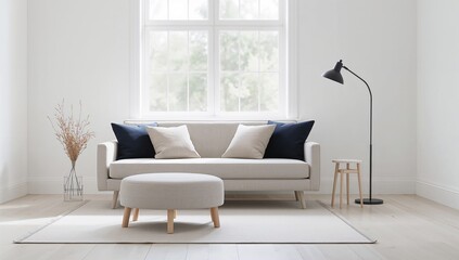 Fototapeta premium Serene contemporary living room with sofa, rug, and decorative vase