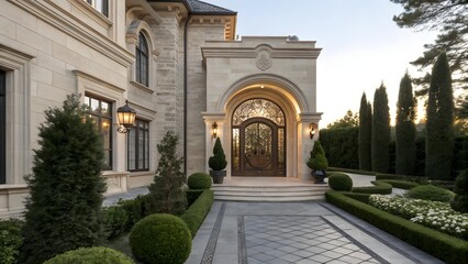 Obraz premium Elegant Luxury House Entryway with Stone Arched Door