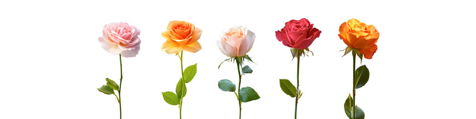 Five distinct single roses pink peach cream red and orange arranged horizontally with green stems and leaves isolate