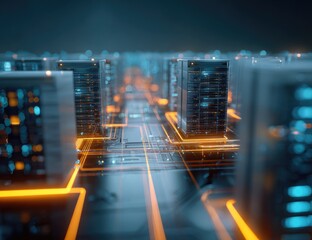 Futuristic cityscape of interconnected data servers