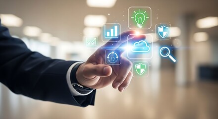 A man's hand interacting with floating digital icons in a bright modern office environment setting