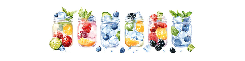 Watercolor illustration of six fresh fruit infused detox waters in mason jars with ice and mint leaves isolate