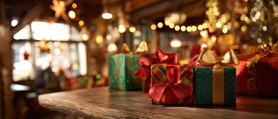 The beautifully wrapped gifts showcasing festive cheer in a cozy holiday setting.