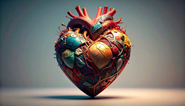 Colorful, surreal 3D rendering of a heart
