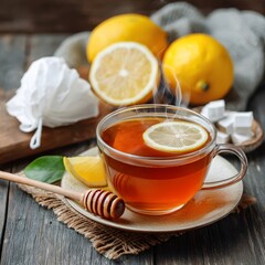 lemon and honey tea on wooden table
