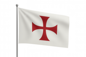 Waving knights templar medieval flag with distinctive red cross on white, transparent backdrop highlighting historical banner